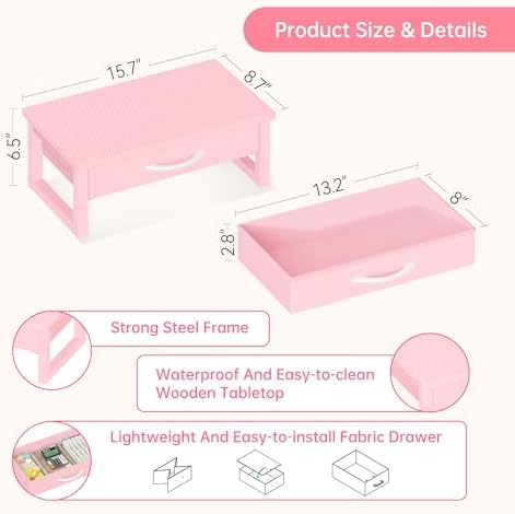 Desk Organizers and Accessories, Computer Monitor Stand Riser with Fabric Drawer, 2-Tier Laptop Stand for Desk, Office Organization Accessories, Pink - Image 6