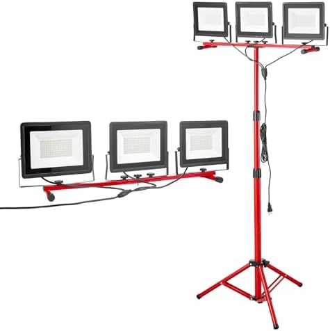 VEVOR LED Work Light with Stand, 21000 Lumens, Three-Head Portable Camping Light with Individual Switch, Tripod Stand, 10.83 ft Power Cord, for Indoor Outdoor Job Site Construction, IP65 Waterproof by VEVOR