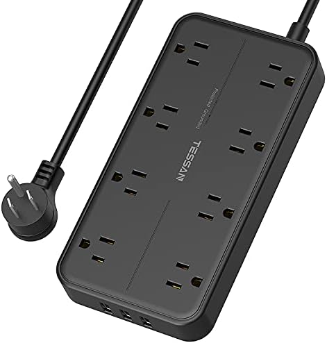 Power Strip Tower with 10 Feet Extension Cord, 1700 Joules Surge Protector Power Strip with 8 Outlets 3 USB Chargers, 1875W/15A, Flat Plug, Charging Station, Office Supplies, Dorm Essentials by TESSAN