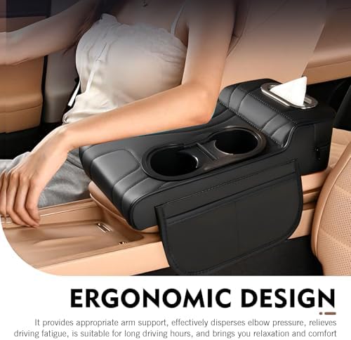 Car Armrest Box Mat, Multifunctional Soft Leather Center Console Height Enhancement Storage Armrest Decoration with Tissue Box, Cup Holder, Side Bags, Universal for Most Cars (Black) - Image 7
