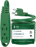 K KASONIC 3 FT 3 Outlet Extension Cord, 16/3 SJTW Grounded Cord, Green by KASONIC