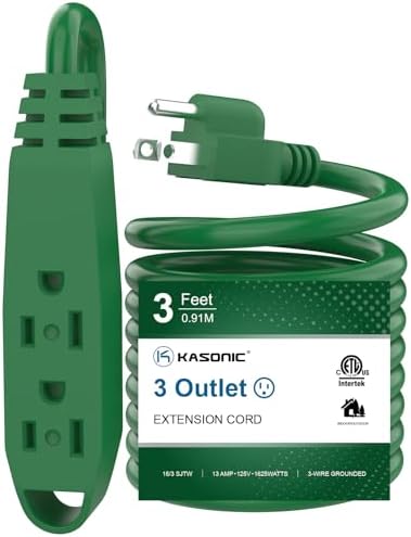 K KASONIC 3 FT 3 Outlet Extension Cord, 16/3 SJTW Grounded Cord, Green by KASONIC