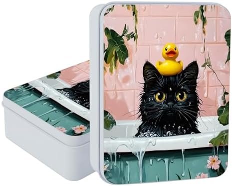 Small Metal Tins Box-4.7" x3.5"x1.6" Rectangular Empty Storage Box With Lid Decorative Organizer Storage Tin Case For Office/Cookie/Candy/Jewelry/Photo/Letter Bathe Cat by Unknown