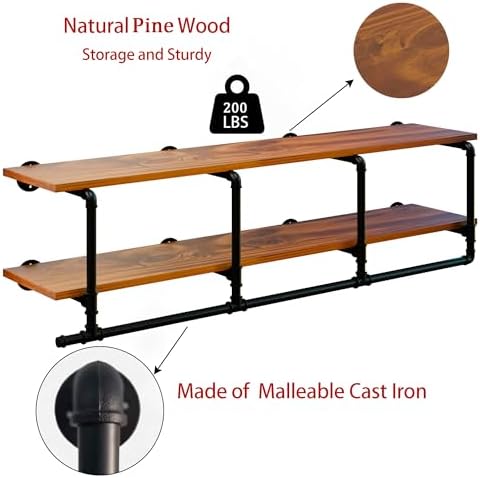 Wall Mounted Clothes Rack 12 Inch Deep, 60 Inch Heavy Duty Garment Rack with Real Brown Wood Shelf, Multi-Purpose Hanging Rod & Space-Saving Closet Storage Organizer - Image 3