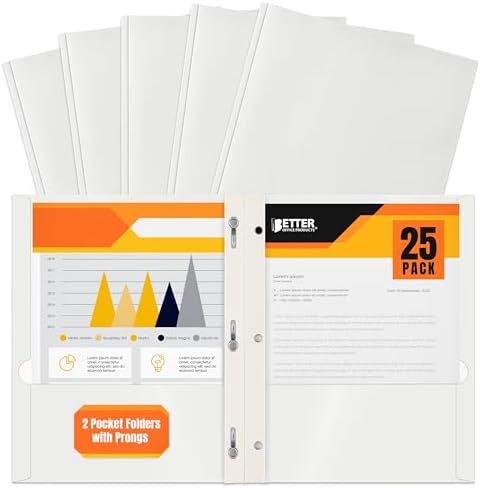 Better Office Products 2 Pocket Glossy White Paper Folders with Prongs, 25 Pack, Letter Size, High Gloss White Paper Portfolios with 3 Metal Prong Fasteners, Box of 25 by BetterOfficeProducts