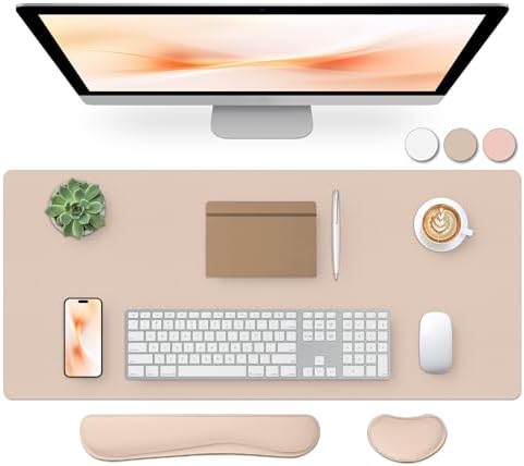 Bloss Leather Desk Pad and Keyboard Wrist Rest, Large Mouse Pad + Keyboard Pad+Mouse Wrist Support, Non-Slip Desk Mat Protector for Office, Home (35.4×15.7 Inches,Beige) by Bloss