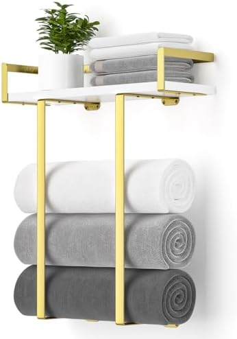 Towel Racks for Bathroom Wall Mounted, Metal Towel Holder with Wooden Shelf for Folding Large Towels, Towel Storage for Small Bathroom Organizer Decor or RV Camping,Golden by XstydesDreamworks