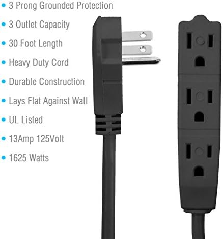 Flat Plug Extension Cord 30 FT Black 3 Outlet 3 Prong Grounded Indoor Extension Cord Low Profile Wall Hugger Angled Plug 16/3 Heavy Duty Power Cord 13A 125V for Home Office TV Desk Dorm - Image 3