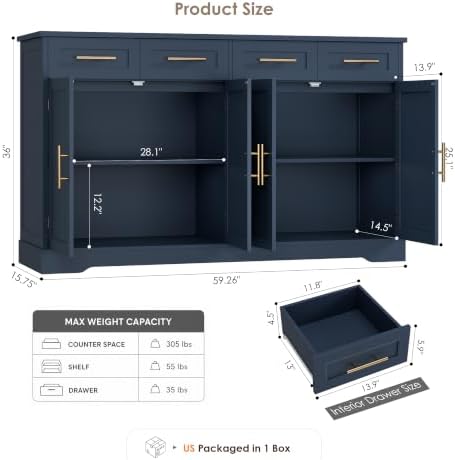 HOSTACK Sideboard Buffet Cabinet with Storage, Kitchen Cabinet, Blue/Gold - Image 3