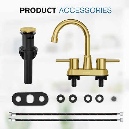 Gold Bathroom Faucet, Brushed Gold Bathroom Faucet, Gold Faucets for Bathroom Vanity, 4 Inch 2 Handle Centerset, Lead-Free, with Copper Pop Up Drain (Brushed Gold) - Image 6