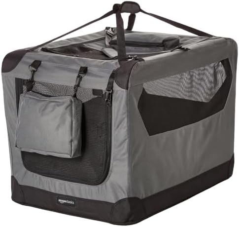 Amazon Basics Folding Portable Soft Pet Dog Crate Carrier Kennel with Fleece Pad, 30 x 21 x 21 inches, Grey by AmazonBasics