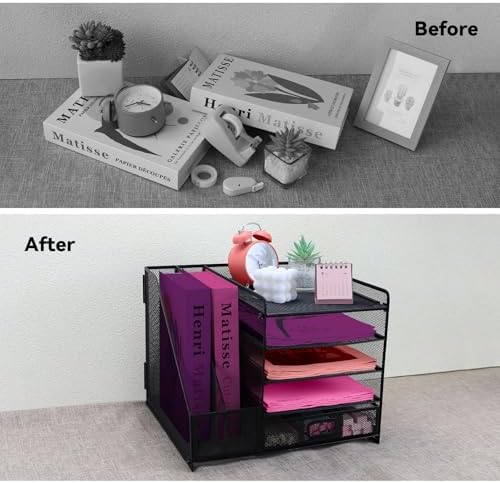 Desk Organizers and Accessories with File Holder, 5-Tier Paper Letter Tray Organiser with Drawer and 2 Pen Holder, Mesh Desktop Document Organizer for Office Supplies, Workspace - Black - Image 5