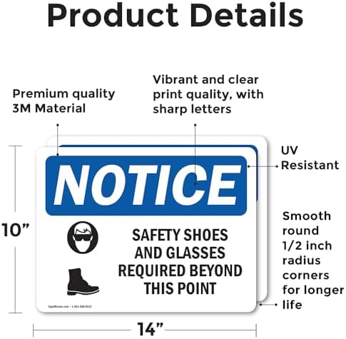 (2 Pack) Safety Shoes And Glasses Required Sign With Symbol OSHA Notice Sign 14 Inch X 10 Inch Vinyl Label Decal Sticker Weather Resistant, UV Protected for Workplace, Business, and Construction Site, Made in the USA - Image 2
