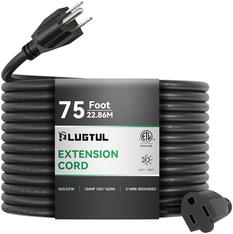 PLUGTUL Extension Cord 75 FT | 16/3 Outdoor Extension Cord Waterproof, Heavy Duty 3 Prong Extension Cord Black, 13A 1625W SJTW, ETL Listed, Great for Garden and Home by PLUGTUL