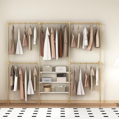 Industrial Pipe Clothing Rack, Gold Clothing Rack with Shelves, Wall Mounted Clothes Rack Heavy Duty Closet Organizers Wardrobe Multi-Purpose Storage Clothes Hanging Shelf- 94.5''L Gold - Image 7