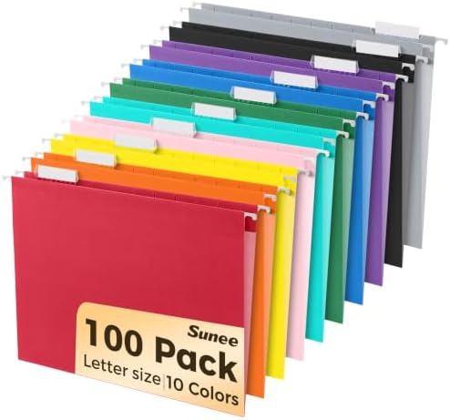 SUNEE Hanging File Folders, 100 Pack Letter Size Hanging File Folders with 1/5-cut Tabs, Stay Organized for Your Home and Office Bulk File, Documents and Paper, 10 Assorted Colors by SUNEE