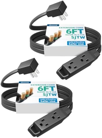 DEWENWILS 2 Pack 6FT Black Flat Extension Cord, 3 Outlet 16/3, ETL Listed by DEWENWILS