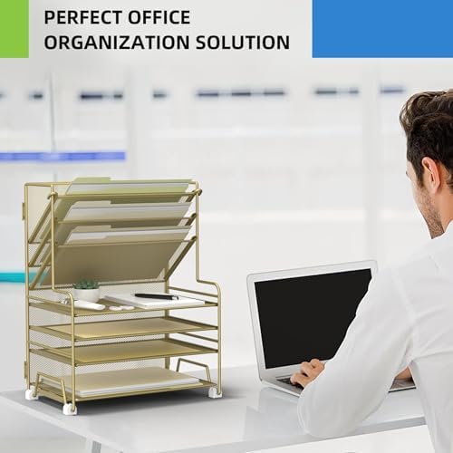 MINDEPOT 4-Tier Paper Organizer + 3-Pocket File Holder + Drawer + Pen Holders, Desktop File Organizers Paper Tray for Office Supplies School Classroom Organization (Gold, with Drawer & Pen Holder) - Image 5