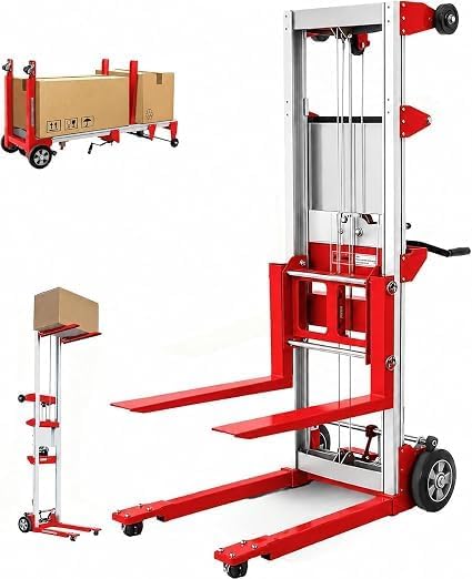 Material Lift Winch Stacker, 400 lbs Capacity, 122" Max Raised Height, Fixed Straddle Hand Winch Lift Trucks for Warehouse, Factory, Library, 34.60"L x 24.80"W,Red by EPOFIT