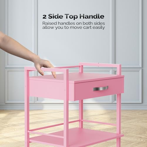 OmySalon Salon Trolley Cart with Wheels, Esthetician Cart with 1 Drawer & 2 Trays, Mobile Storage Organizer for Beauty Spa Massage Tattoo Esthetic Facial Tool Holder Station, Pink - Image 4