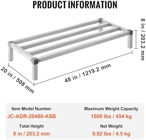 VEVOR Aluminum Dunnage Rack, 48” x 20” Commercial Food Floor Rack, 8” Off the Floor, 1000 lbs Capacity All-Welded Aluminum Storage, for Storage in Restaurants, Kitchens, Garages and Vehicles - Image 7
