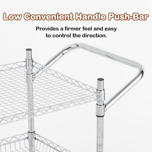 3-Tier Rolling Utility Cart 500 Lbs Capacity Rolling Carts, Wire Rolling Cart with Handle Bar Commercial Rolling Storage Trolley Utility Shelf Plant Display Shelf Food Cart, Low Handle - Image 6