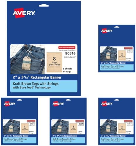 Avery Kraft Brown Banner Tags, Sure Feed Technology, Laser/Inkjet Printable, 64 Total, Strings Included, Also Great for Gifts and Favors (80516), 2" x 3-1/2" (Pack of 5) by Avery