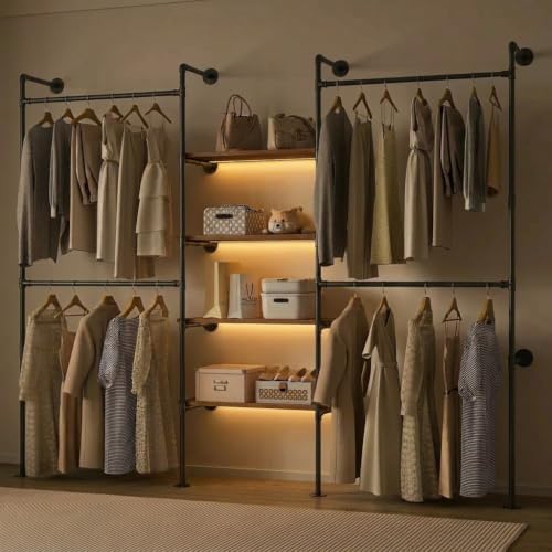 Industrial Pipe Clothing Rack with LED Lights& Shelves,Black by DABILONGC