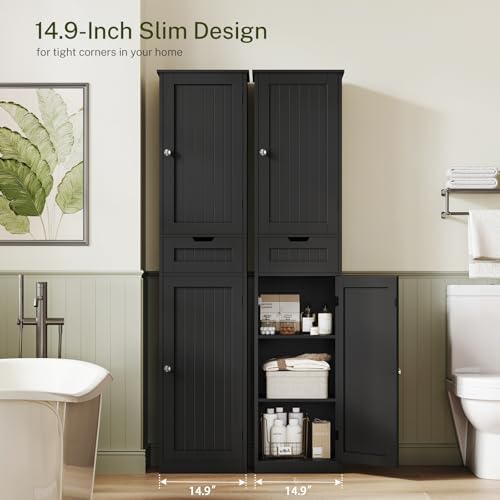 TEENFON 66.9" H Tall Storage Cabinet with 2 Doors and 1 Drawer, Narrow Black Cabinet with Adjustable Shelves, for Bathroom, Living Room, Entryway, Kitchen, Black - Image 2