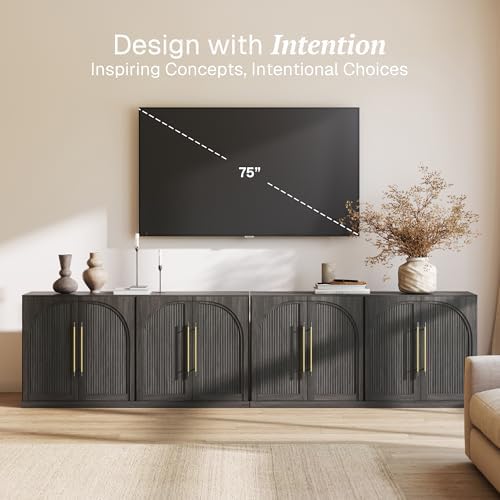 BELLEZE Set of 2 65" Sideboard Cabinet with Double-Arc Wood Doors, Large Buffet Cabinet with Storage and Adjustable Shelves, Classic Modern Console Sideboard for Living Room Kitchen Entryway (Ebony) - Image 3