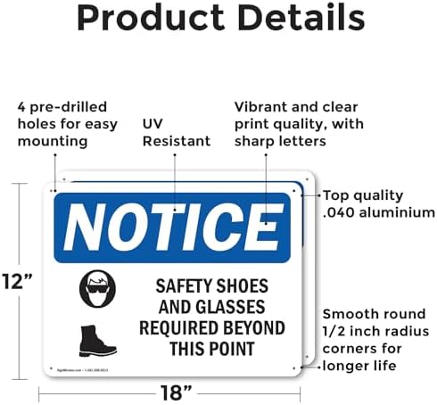 (2 Pack) Safety Shoes And Glasses Required OSHA Notice Sign 18 Inch X 12 Inch Indoor/Outdoor Rust-Free Aluminum Metal Signs for Workplace, Workshop, and Construction Site, Made in the USA - Image 2