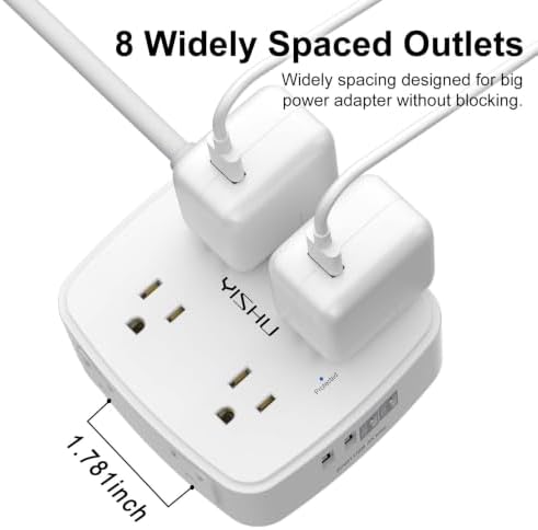 3Ft Surge Protector Power Strip - 8 Widely Outlets with 4 USB Ports, 3 Side Outlet Extender with 3 Feet Extension Cord, Flat Plug, Wall Mount, Desk USB Charging Station, ETL, White - Image 5