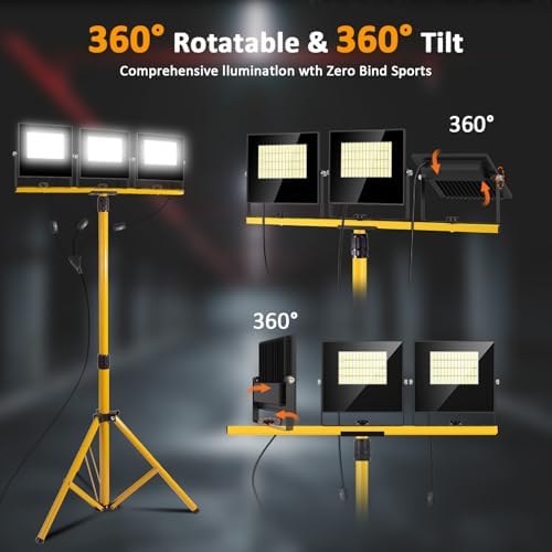 36000Lumen LED Work Lights with Stand - 3 Head Foldable Work Light on Stand with 16FT Cord - IP67 Waterproof Tripod Lights for Outdoor Indoor Job Site Workshop Garage Construction Tripod Lighting - Image 5