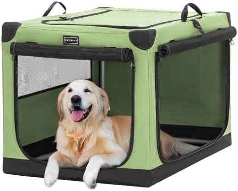 PETSFIT 40" Soft Portable Dog Crate – Patented Spiral Sturdy Frame, Collapsible Travel Kennel for Large Dogs, 3 Mesh Door, Lockable Zippers, Indoor & Car Use Green by Petsfit