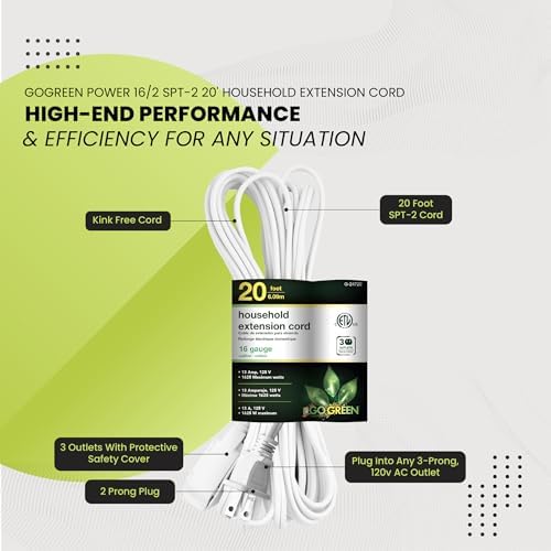 Go Green Power 20ft White Extension Cord, 3 Outlets, 16/2 Gauge, Indoor Use, Child-Safe Covers, UL Listed for Home & Office Electronics - Image 5