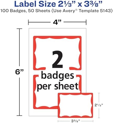 Avery Customizable Name Tags, 2-1/3" x 3-3/8", White with Red Border, 100 Removable Name Badges (05143) - Image 3