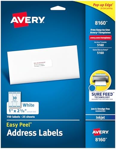 Avery Easy Peel Address Labels, Inkjet Printers, White, 1" x 2-5/8", Box of 750 Labels (08160) by Avery