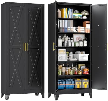 75" Metal Storage Cabinet with 2 Doors and 5 Adjustable Shelves,Black Farmhouse Kitchen Pantry Cabinet,Steel Garage Tool Cabinet,File Cabinetfor Home,Office,Dinning Living Room,Warehouse by BAOLIWO