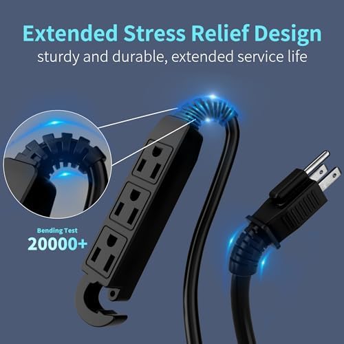 Energeaster 16/3 15ft 3 Outlet Extension Cord Outdoor/Indoor, Black - Image 3