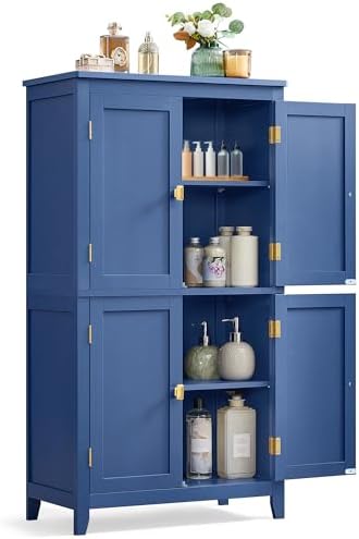 VASAGLE Bathroom Floor Storage Cabinet with 4 Doors, Bijou Blue - Image 4