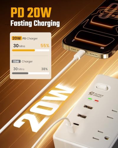 25Ft Long Extension Cord, PD20W, 6 outlets, 2A2C, Flat Plug Surge Protector - Image 4