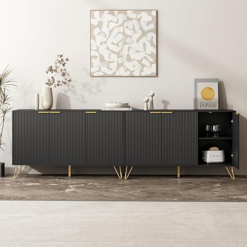 Storage Cabinet with 3 Fluted Doors and Adjustable Shelves, Black, 2pcs丨Modern Wood Accent Table, Sideboard Buffet Cabinet, Console Table for Living Room, Hallway, Entryway - Image 3