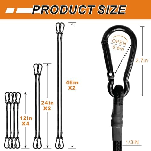 BEXSLE Bungee Cords with Carabiner Hooks Heavy Duty, Outdoor Black Bungee Straps, Strong Industrial Grade Elastic Bungee Rope for Securing Tarps, Luggage, Tents，Bikes, 12in + 24in + 48in，8pcs - Image 5