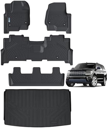 Floor Mats & Trunk mat for 2018-2024 Ford Expedition MAX (Only Fit 8 Seats) (2 Row Bench Seat),TPE All Weather Protection 3 Rows Car Floor Liners with Cargo Liners Accessories by SANBAN-AXE