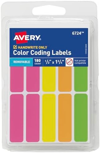 Avery® Color-Coding Removable Labels, 1/2" x 1-3/4", Assorted Neon Colors, Non-Printable, 180 Blank Labels Total (6724) by Avery