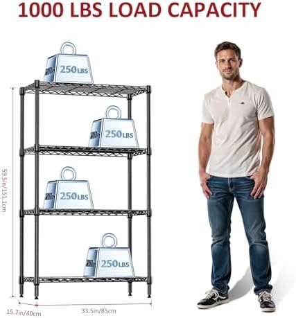 IZEUK 4-Tier Black Metal Storage Shelves, Heavy Duty Adjustable Wire Shelving Rack for Garage, Kitchen, Bathroom, Closet Organizer, 1000 lbs Capacity, 15.7" D x 33.5" W x 59.5" H - Image 3