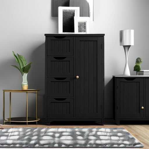 Yaheetech Small Bathroom Storage Cabinet with 4 Drawers & Door, Black - Image 5