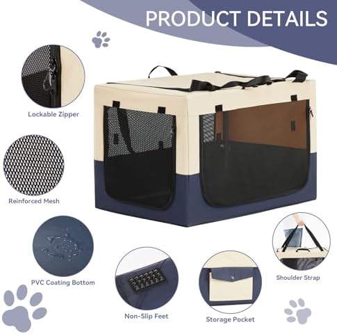 PETSFIT 36" Soft Portable Dog Crate – Patented Spiral Sturdy Frame, Collapsible Travel Kennel for Medium & Large Dogs, 3 Mesh Door, Lockable Zippers, Indoor & Car Use Navy Blue - Image 5