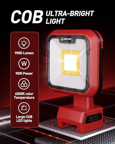 EEFOW Work Light for Milwaukee m18: 9500LM Cordless Led Lights for 18v Battery, 90W Portable 140° Rotate Flood Flashlight with USB & Type C Charge Smart Protect Battery for Indoor Outdoor Lighting - Image 2