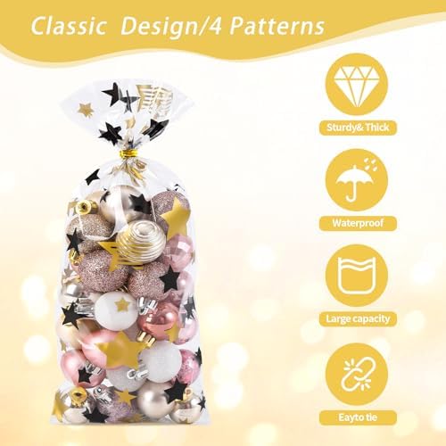 COQOFA Black Gold 5"X11" Gift Wrap Cellophane Cello Bags: Clear Candy Cookie & Plastic Goodie Storage Treat Party Favor Bags with Twist Ties - 100 Pcs for Graduation, Birthday & Retirement - Image 3
